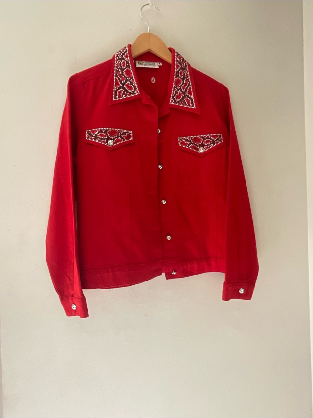 Vintage Christine Alexander Red Denim Jacket M Rhinestone Swarovski Crystal Wes